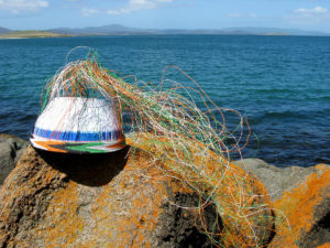 The Animals Asia basket balanced on rocks covered with orange lichen, with the sea and the coastline in the background