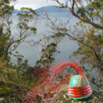 Telephone wire basket on a lichen-covered rock at Whalers Lookout, with a view of Maria Island in the distance.