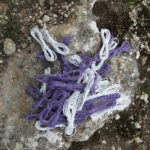 Coils of purple and white telephone wire on a lichen-covered rock.